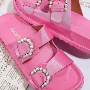 Hot Pink sandals with silver pearl buckle - sz 9